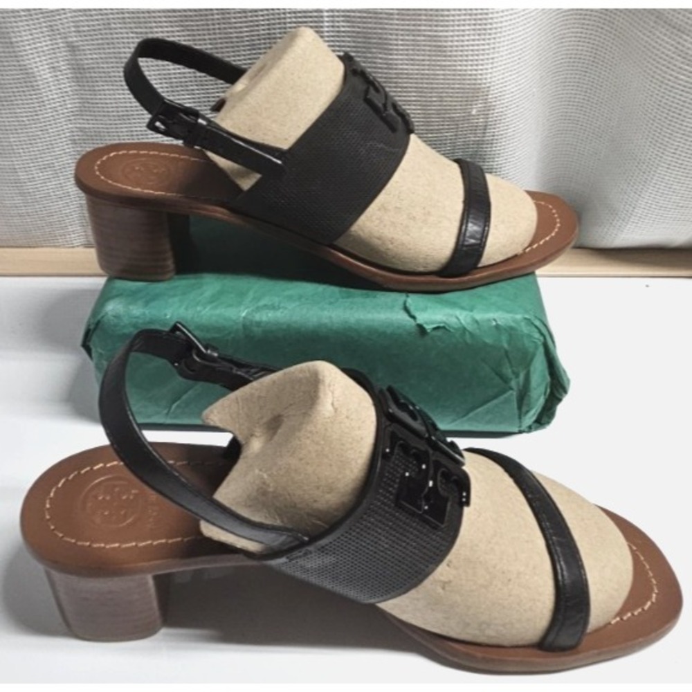 TORY BURCH Lowell black leather block heel sandals woman Sz 11